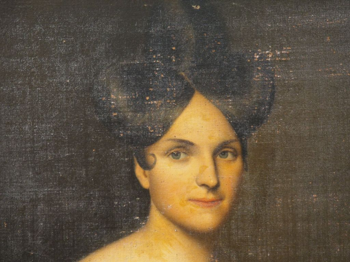 Ecole française XIXème. "Portrait de jeune femme à la robe noire". Hui