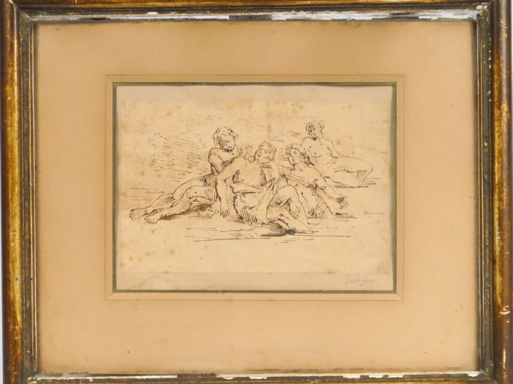 Ecole française début XIXe. "Nymphes dans un bassin". Dessin à la plum