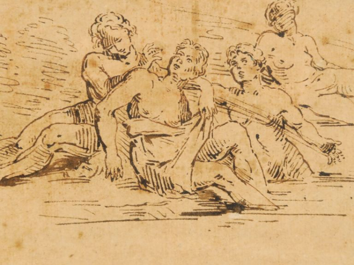 Ecole française début XIXe. "Nymphes dans un bassin". Dessin à la plum
