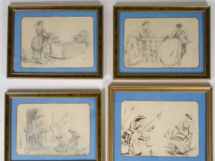 Ensemble de 13 dessins au crayon et à la plume et un carnet de croquis