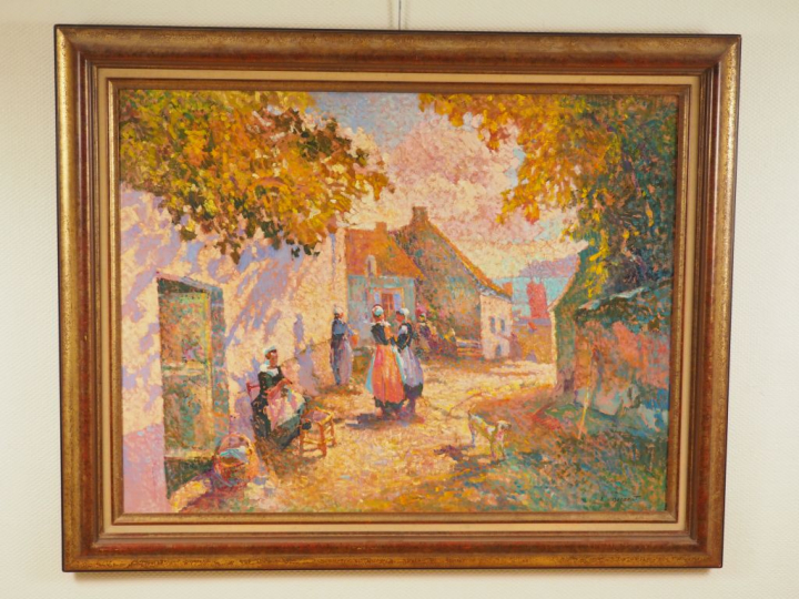 E. BEGARAT. "Bretonnes devant leur maison".  Huile sur toile, signée e