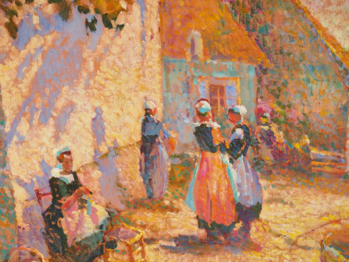 E. BEGARAT. "Bretonnes devant leur maison".  Huile sur toile, signée e