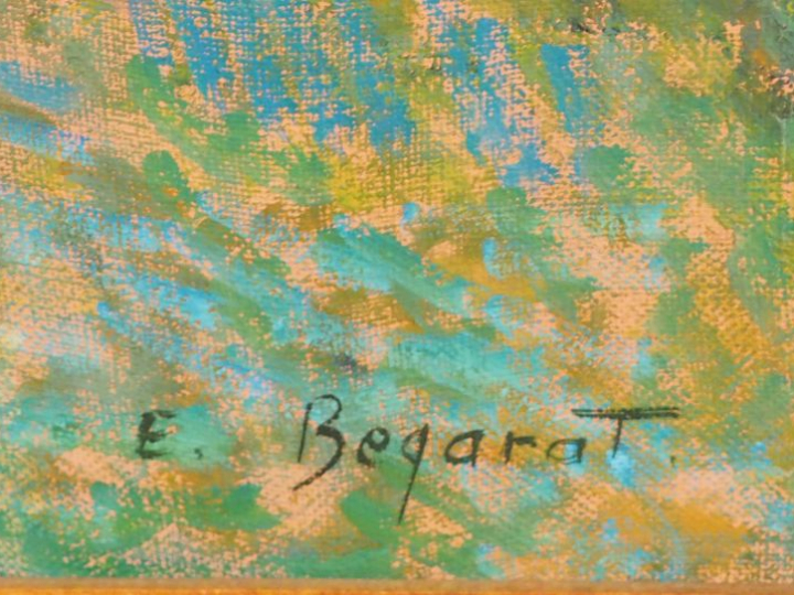 E. BEGARAT. "Bretonnes devant leur maison".  Huile sur toile, signée e