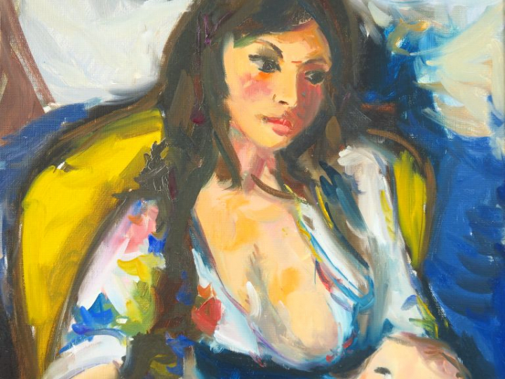 Pierre CORNU. "Maternité". Huile sur toile, signée en bas à gauche. Di