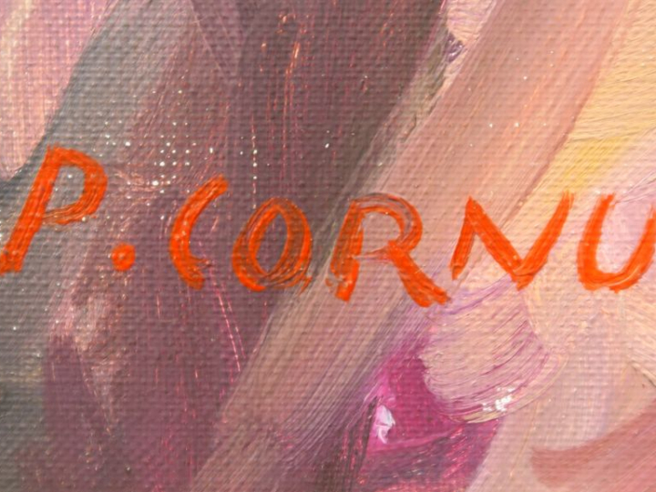 Pierre CORNU. "Maternité". Huile sur toile, signée en bas à gauche. Di