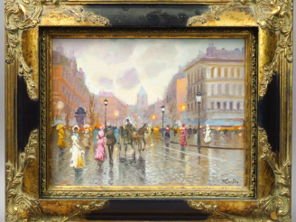 Vente aux enchères CORTES. "Boulevard animé à Paris". Huile sur toile, signée en bas à dr