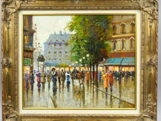 Vente aux enchères CORTES. "Place animée à Paris". Huile sur toile, signée en bas à gauch