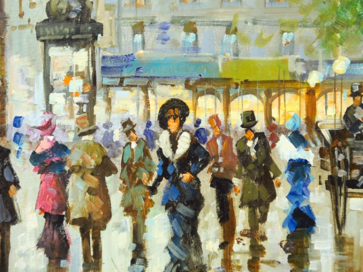 CORTES. "Place animée à Paris". Huile sur toile, signée en bas à gauch