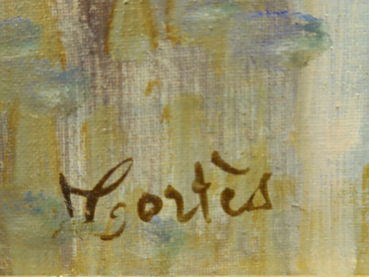CORTES. "Place animée à Paris". Huile sur toile, signée en bas à gauch