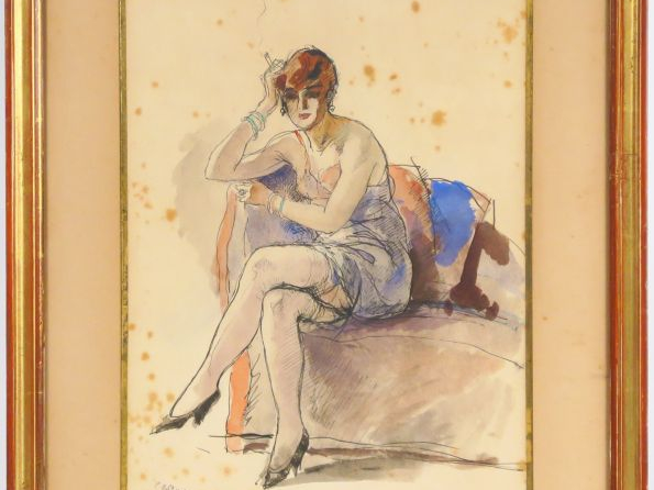 COSSON. "Jeune femme fumant". Aquarelle, signée en bas à gauche. Dim. 