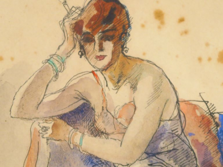 COSSON. "Jeune femme fumant". Aquarelle, signée en bas à gauche. Dim. 