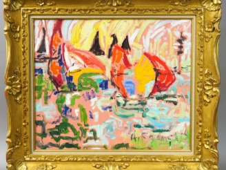 Vente aux enchères A. FRANCAIS. "Cannes, papillons roses". Huile sur toile, signée en bas