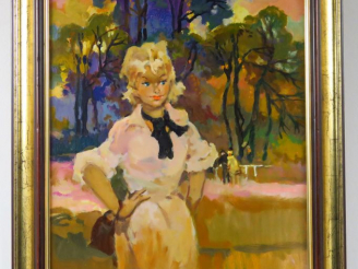 Vente aux enchères GRISOT. "Colette au bois".  Huile sur toile, signée en bas à gauche. D