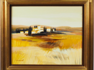 Vente aux enchères HEMERET. "Le hameau". Huile sur toile, signée en bas à gauche.  Dim. 4