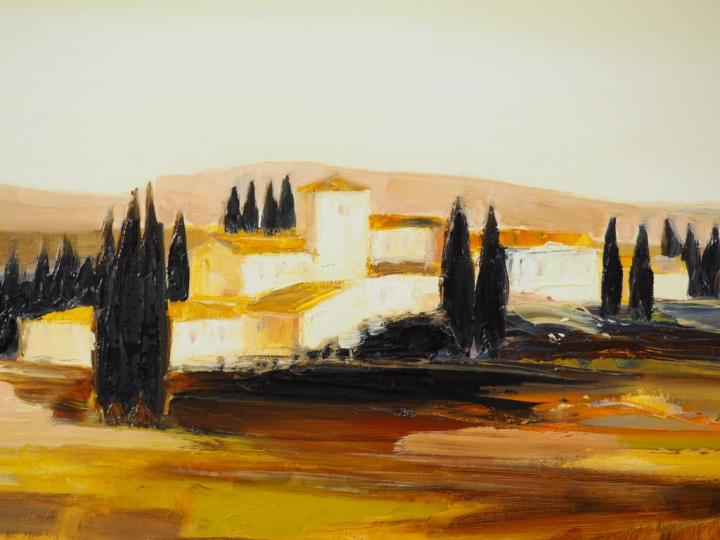 HEMERET. "Le hameau". Huile sur toile, signée en bas à gauche.  Dim. 4