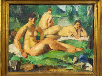 Vente aux enchères KUAPIL. "Baigneuses". Huile sur panneau, signée en bas à droite et dat