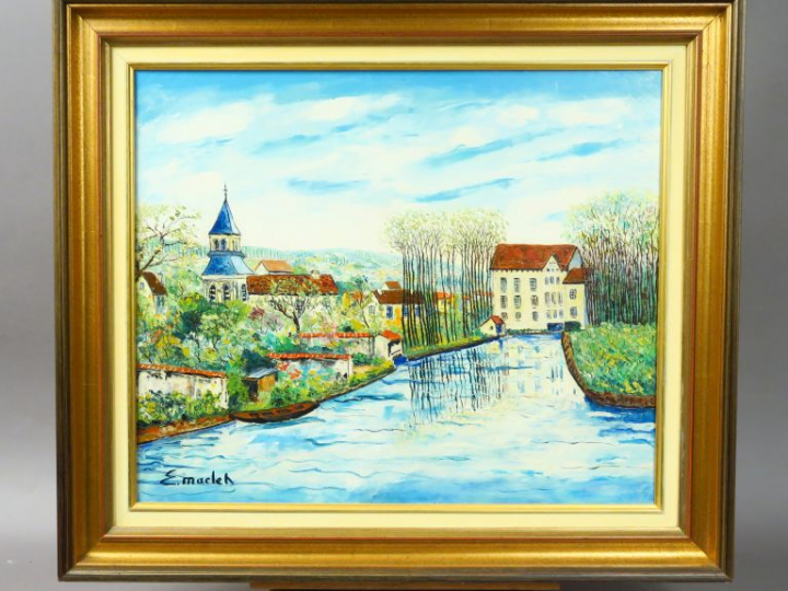 E. MACLET. " Le moulin". Huile sur toile, signée en bas à gauche. Dim.