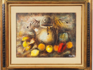Vente aux enchères Pierre MAS. "Nature morte". Peinture sur papier. Dim. 38 x 51 cm.