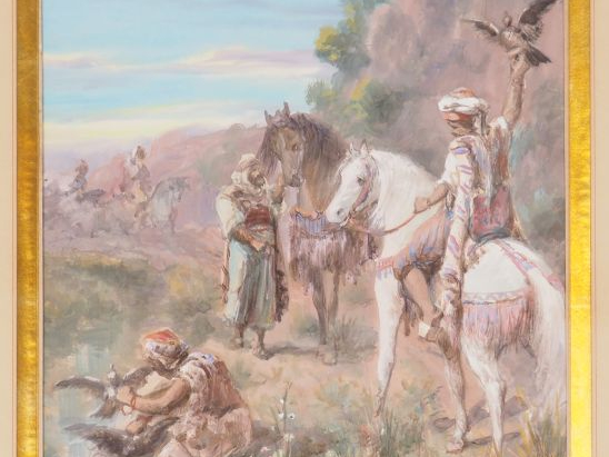 P. PASCAL. "Chasse au faucon". Gouache, signée en bas à gauche. Dim. :