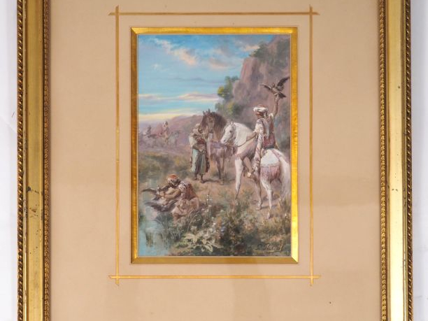 P. PASCAL. "Chasse au faucon". Gouache, signée en bas à gauche. Dim. :