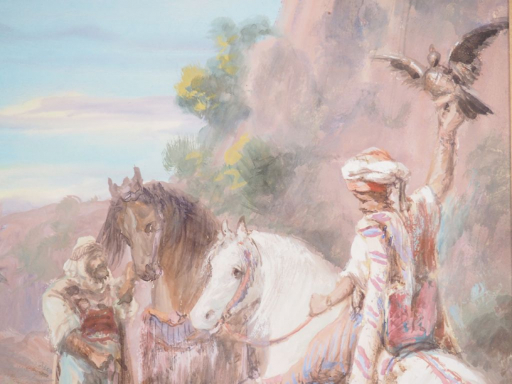 P. PASCAL. "Chasse au faucon". Gouache, signée en bas à gauche. Dim. :