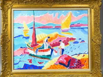 Vente aux enchères J. PONS. "Pêcheurs remontant leurs filets". Huile sur toile, signée en