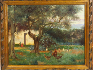 Vente aux enchères REYMANN. "Cour de ferme animée en Afrique du Nord" Huile sur toile mar