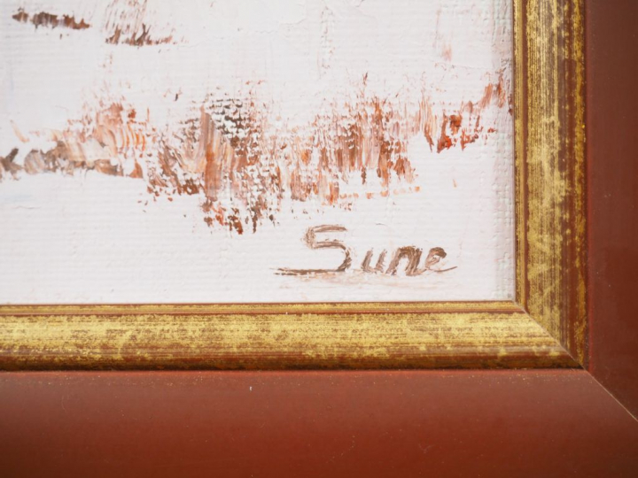 SUNE. "Paysage de neige" Huile sur toile, signée en bas à droite. Dim.