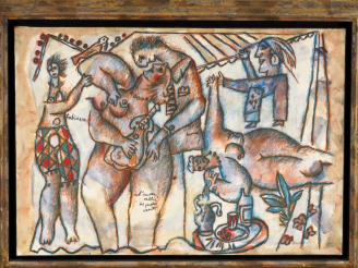 Vente aux enchères T. TOBIASSE."L'amour oublié des peuples errants". Technique mixte sur 