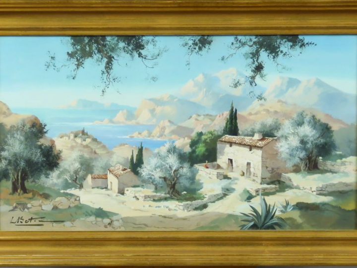 Ecole italienne XXème. "Paysage méditerranéen". Gouache, signée en bas