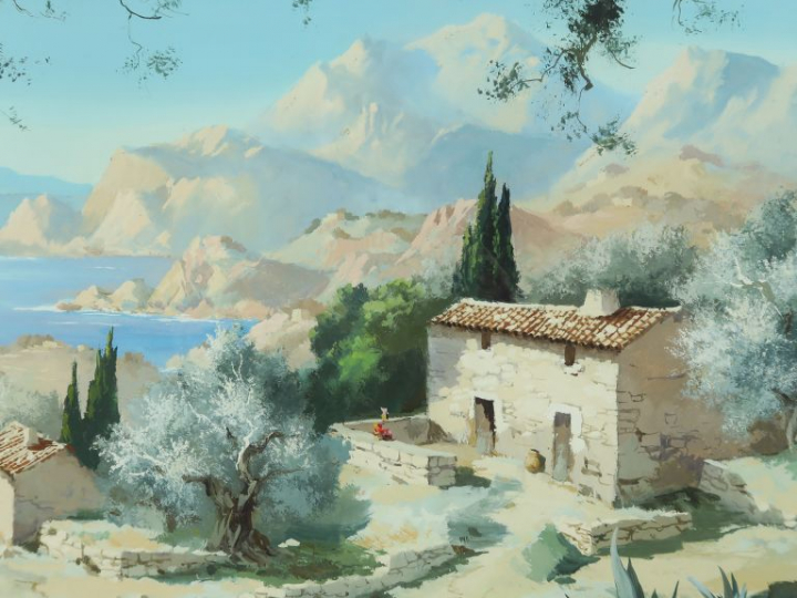 Ecole italienne XXème. "Paysage méditerranéen". Gouache, signée en bas