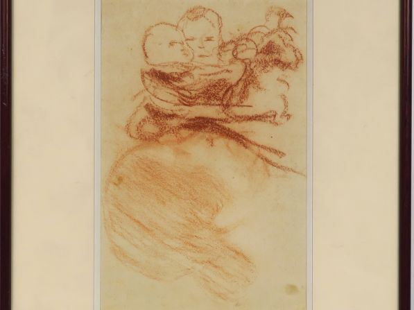 Ecole française XXème. "Maternité". Dessin à la sanguine. Dim. : 27,5 