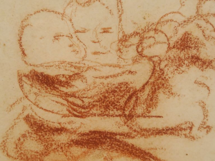 Ecole française XXème. "Maternité". Dessin à la sanguine. Dim. : 27,5 