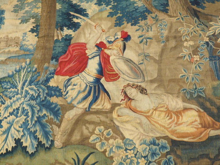 Tapisserie XVIIème à décor de scène mythologique sur fond verdure. Dim
