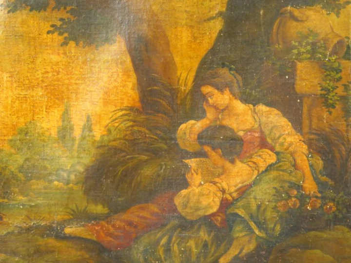 Trumeau XIXème en bois peint et doré, à décor de jeunes filles à la le