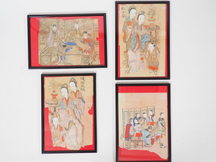 Dix encres et couleurs sur papier représentant des scènes de personnag