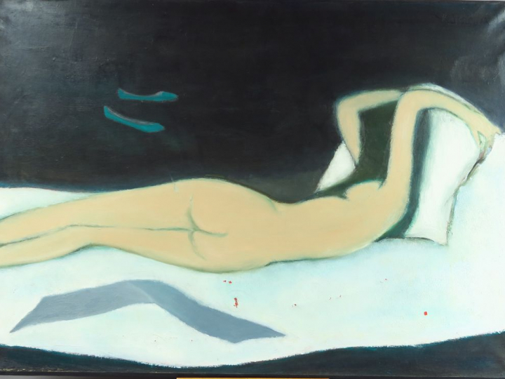 THAI TUAN  "Jeune femme nue allongée" Huile sur toile.  Signée en haut