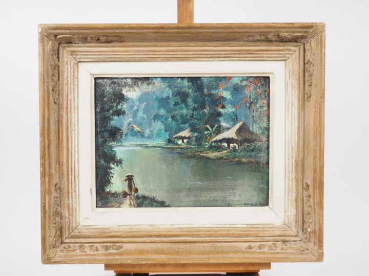 Henri MEGE  "Matin de printemps dans un village près de Hué" Huile sur