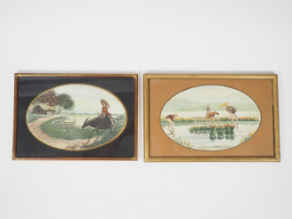 Vente aux enchères Ecole indochinoise  "Dans la rizière" Paire d'aquarelles.  Signées.  1