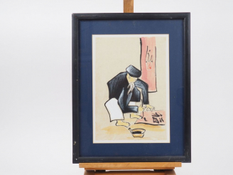 Vente aux enchères Ecole vietnamienne XXème  "Le lettré" Encre sur papier.  Signée.  32 x