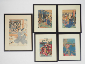 Vente aux enchères Série de cinq estampes japonaises dont quatre sur crépon.