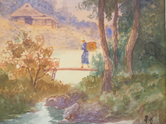 Vente aux enchères Deux aquarelles encadrées représentant des jeunes paysannes traversant