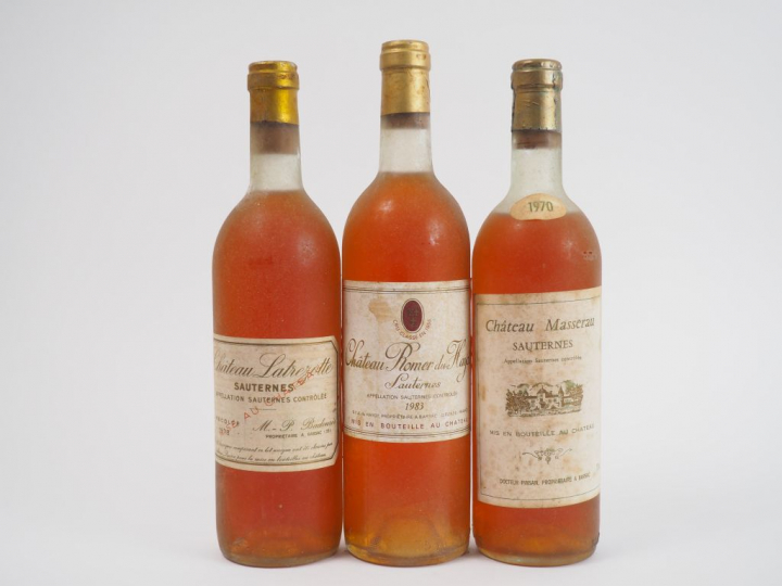 3 BOUTEILLES SAUTERNES : 1 CHÂTEAU ROMER DU HAYOT 1983 BG - 1 CHÂTEAU 