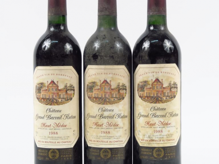 3 BOUTEILLES CHÂTEAU GRAND BARRAIL RUTON HAUT MEDOC - 1988 - BG+