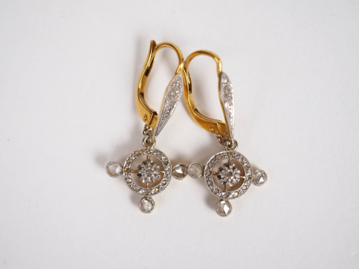Paire de perces oreilles en or jaune et roses.  Poids tel. 3,49 g (pet