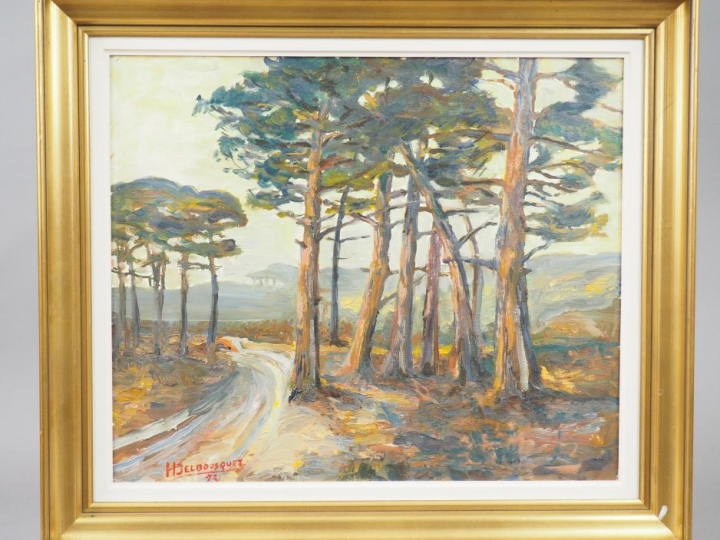 H. DELBOUSQUET. "Forêt des Landes". Huile sur toile, signée en bas à g