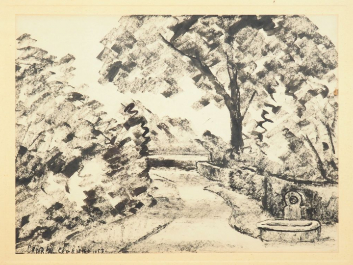 Jean Théodore CONRAD KICKERT. "Jardin à Compiègne" Encre, signée, daté