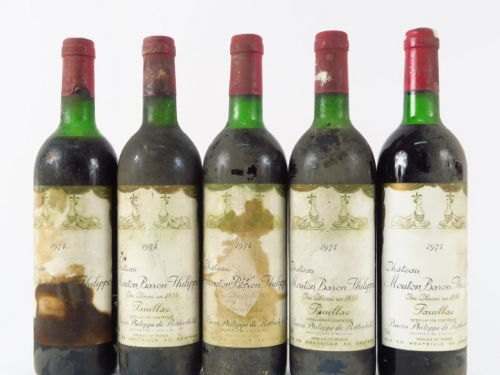 5 BOUTEILLES CHÂTEAU MOUTON BARON PHILIPPE GCC PAUILLAC - 1974 - 2 LB/
