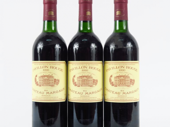 3 BOUTEILLES PAVILLON ROUGE DU CHÂTEAU MARGAUX - 1990 - 1 BG/2 LB