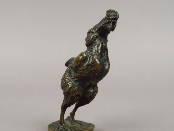FREMIET. "Coq chantant" Sujet en bronze. Signé.  H. 11,5 cm